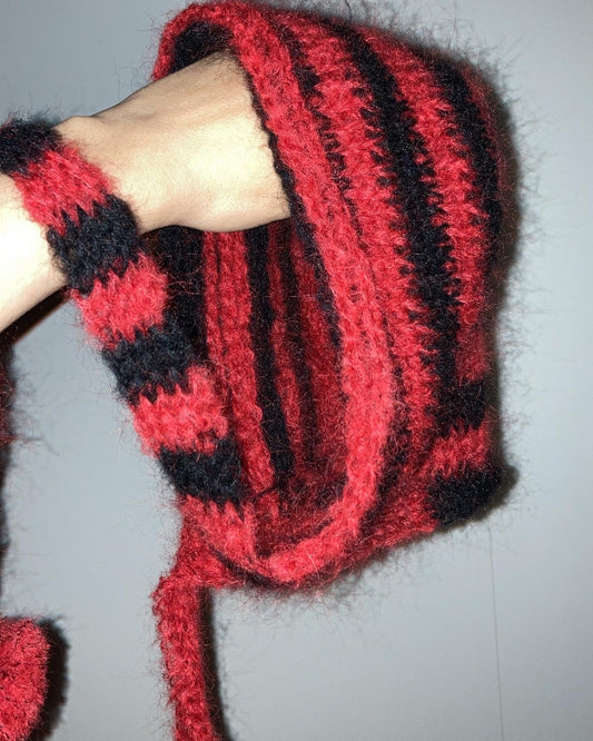 Red Black striped bonnet with the pompons