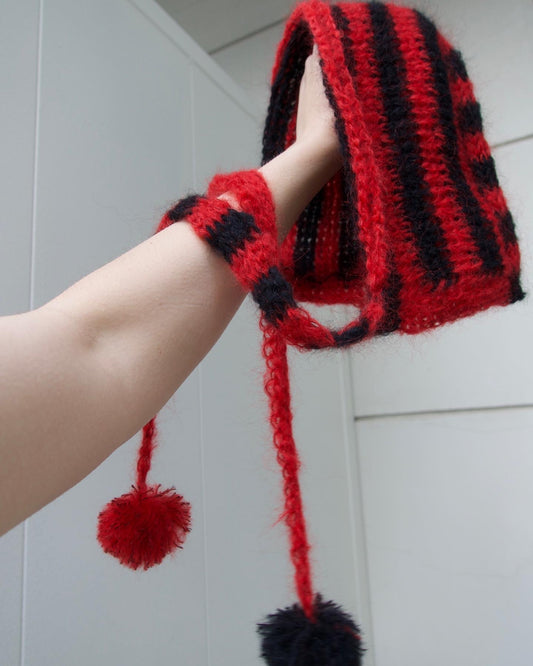 Red Black striped bonnet with the pompons